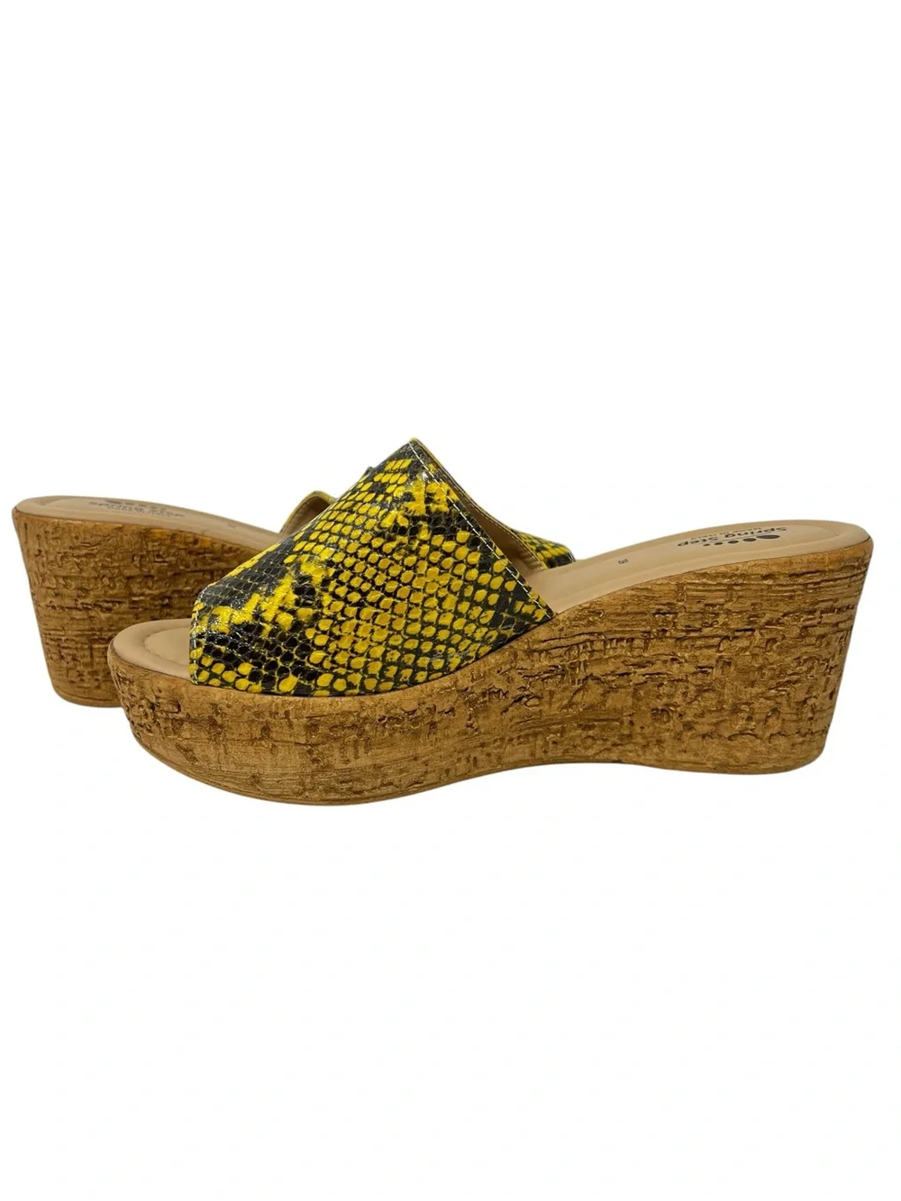 Spring Step Yellow and Black Snake-Print Cork Wedge Slide